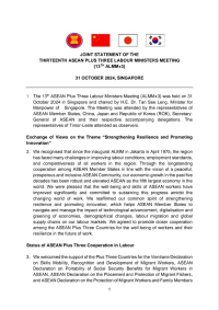 JOINT STATEMENT OF THE THIRTEENTH ASEAN PLUS THREE LABOUR MINISTERS MEETING​​ (13TH ALMM+3) 31 OCTOBER 2024, SINGAPORE