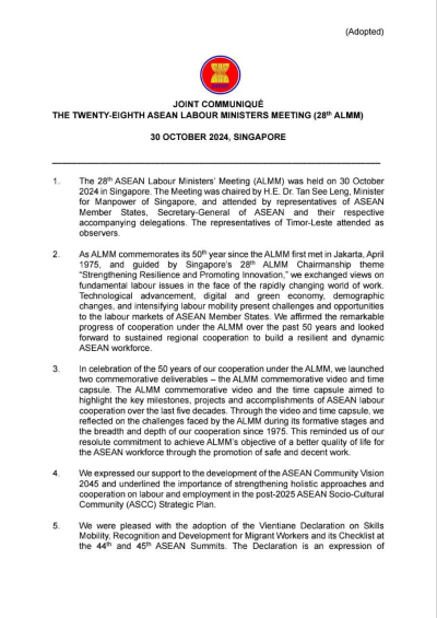JOINT COMMUNIQUÉ​ THE TWENTY-EIGHTH ASEAN LABOUR MINISTERS MEETING (28th ALMM) 30 OCTOBER 2024, SINGAPORE