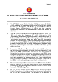JOINT COMMUNIQUÉ​ THE TWENTY-EIGHTH ASEAN LABOUR MINISTERS MEETING (28th ALMM) 30 OCTOBER 2024, SINGAPORE